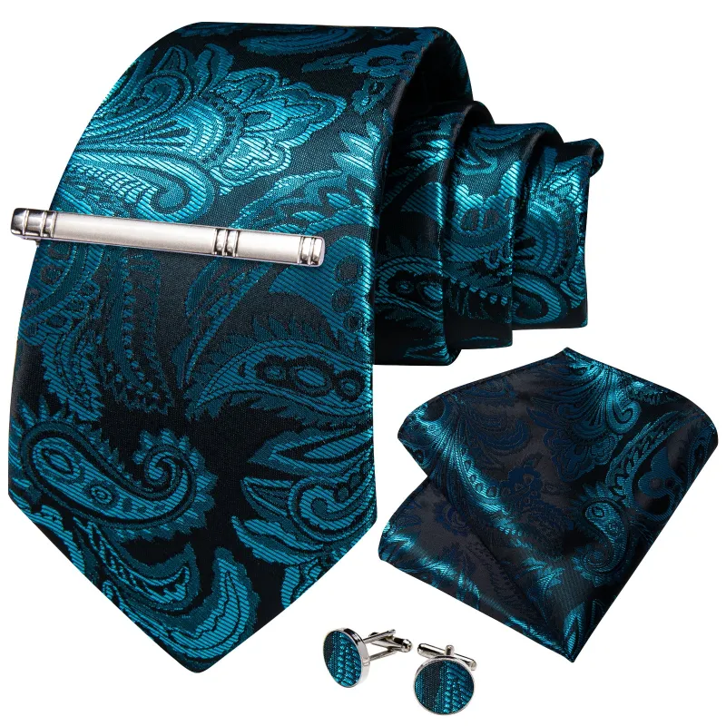 Teal Blue Paisley Silk Tie Pocket Square Cufflinks Set with Tie Clip sold by Ties2You