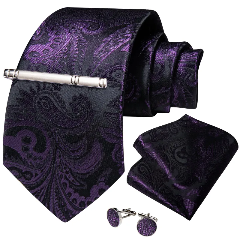 Deep Purple Balck Paisley Silk Tie Pocket Square Cufflinks Set with Tie Clip sold by Ties2You