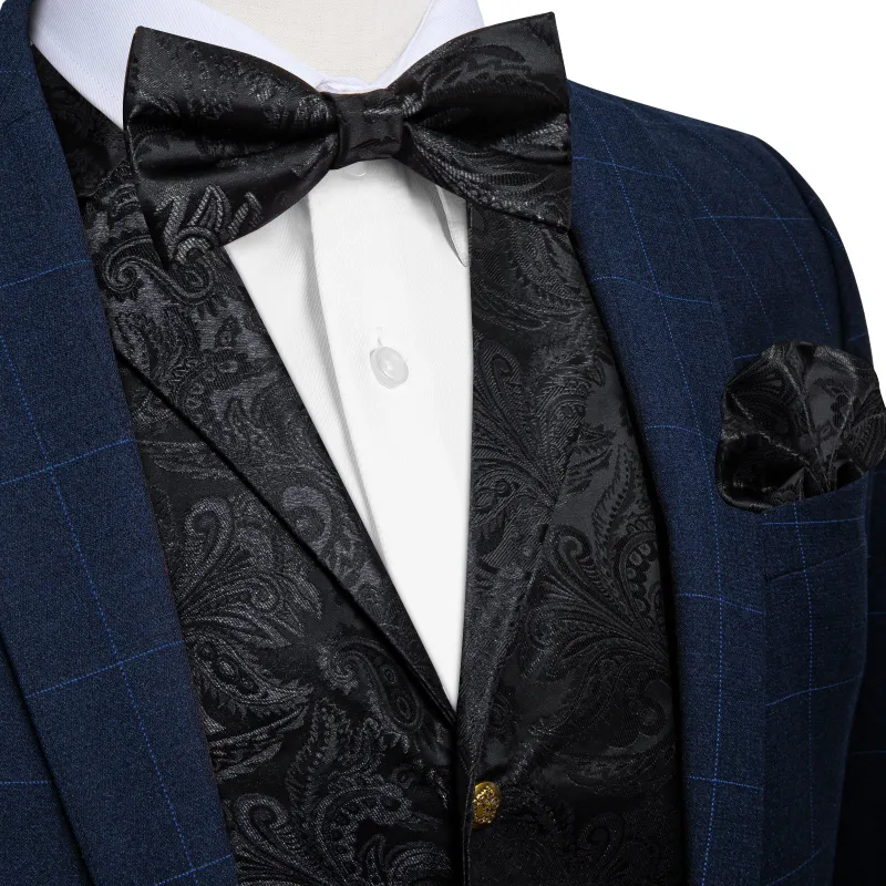 Classic Black Paisley Jacquard Silk Men's Collar Vest Bow Tie Handkerchief Cufflinks Set sold by Ties2You