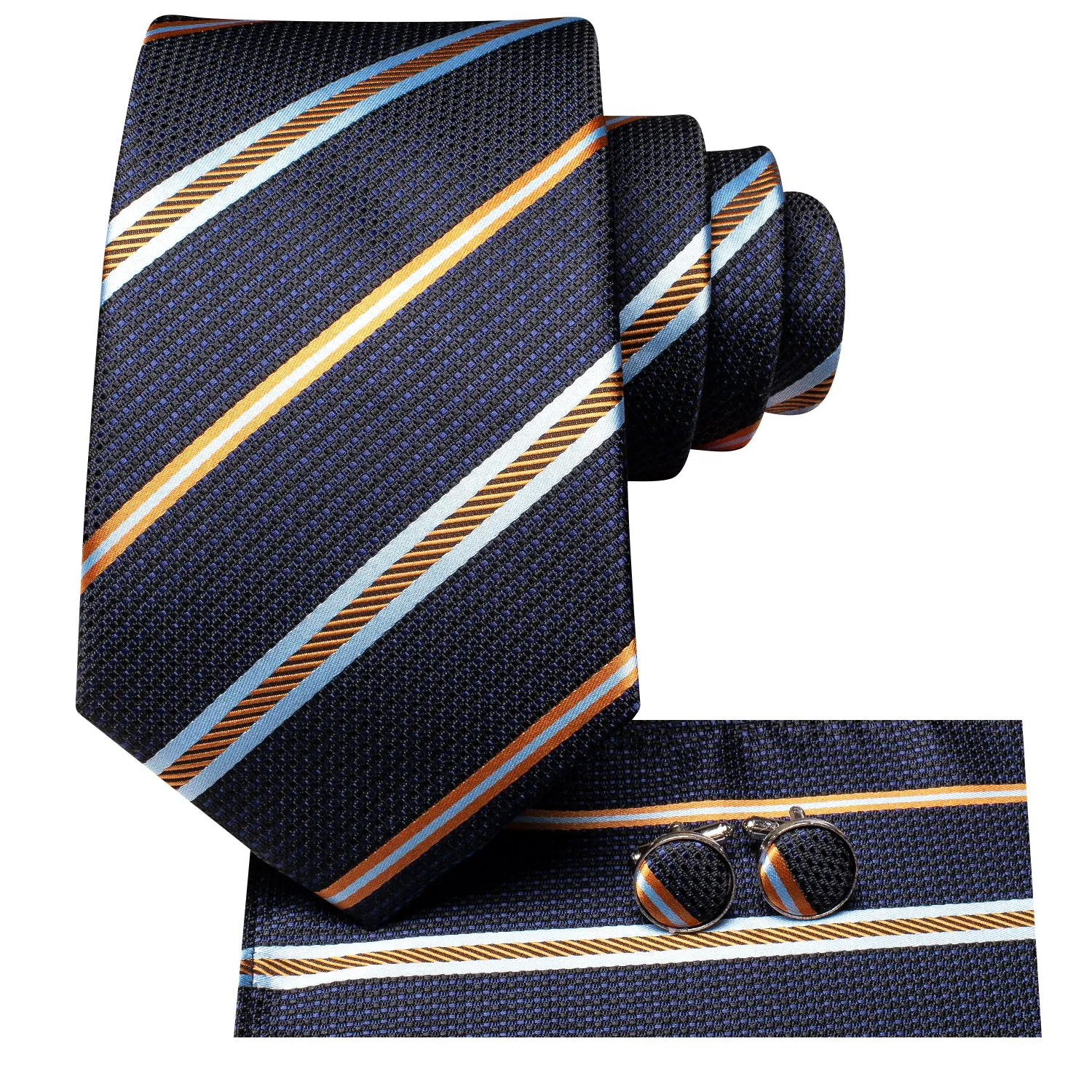 Ties2you Blue Tie Golden Striped Tie Pocket Square Cufflinks Set for Mens sold by Ties2You product image thumbnail 2