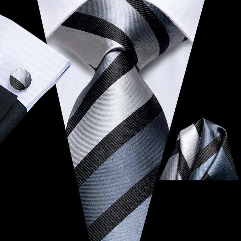 Silver Grey White Striped Tie Pocket Square Cufflinks Set sold by Ties2You