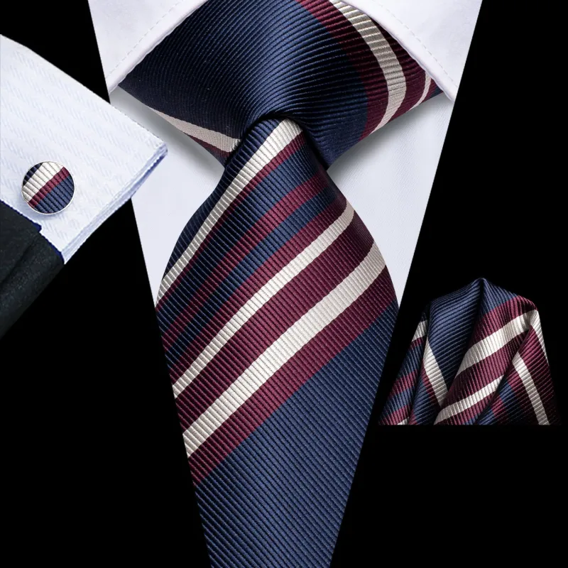 Blue Burgundy Striped Tie Pocket Square Cufflinks Set sold by Ties 2 You
