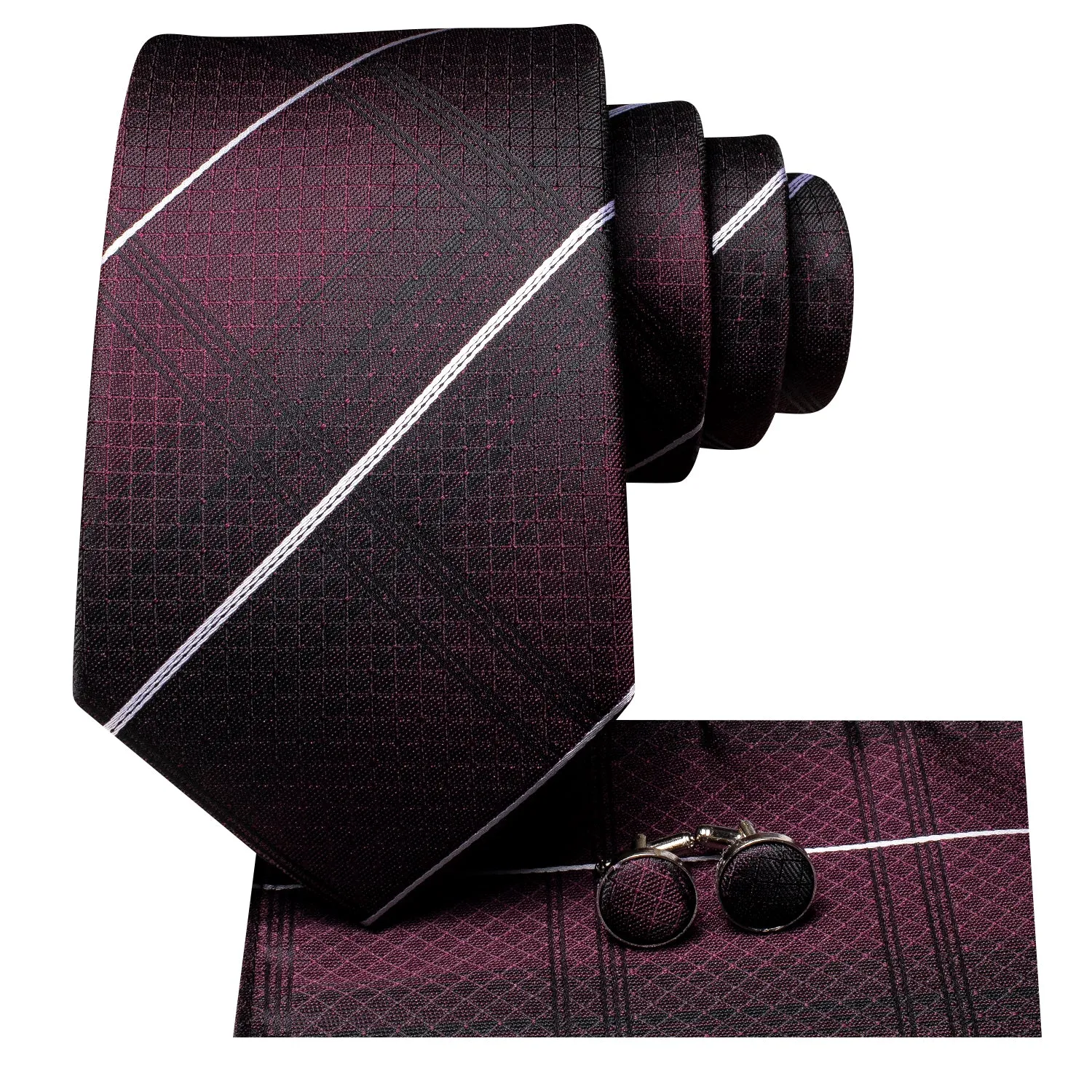 Burgundy Black Striped Tie Pocket Square Cufflinks Set sold by Ties2You product image thumbnail 2