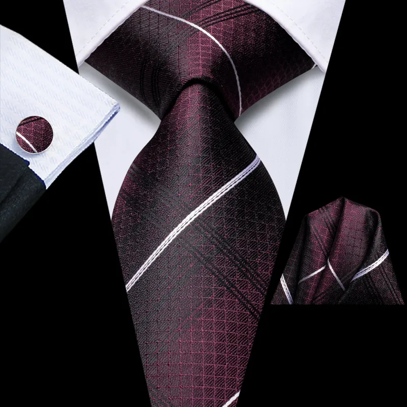 Burgundy Black Striped Tie Pocket Square Cufflinks Set made by Ties2You