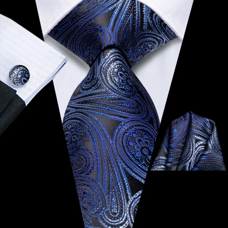 Blue Black Paisley Tie Pocket Square Cufflinks Set sold by Ties2You
