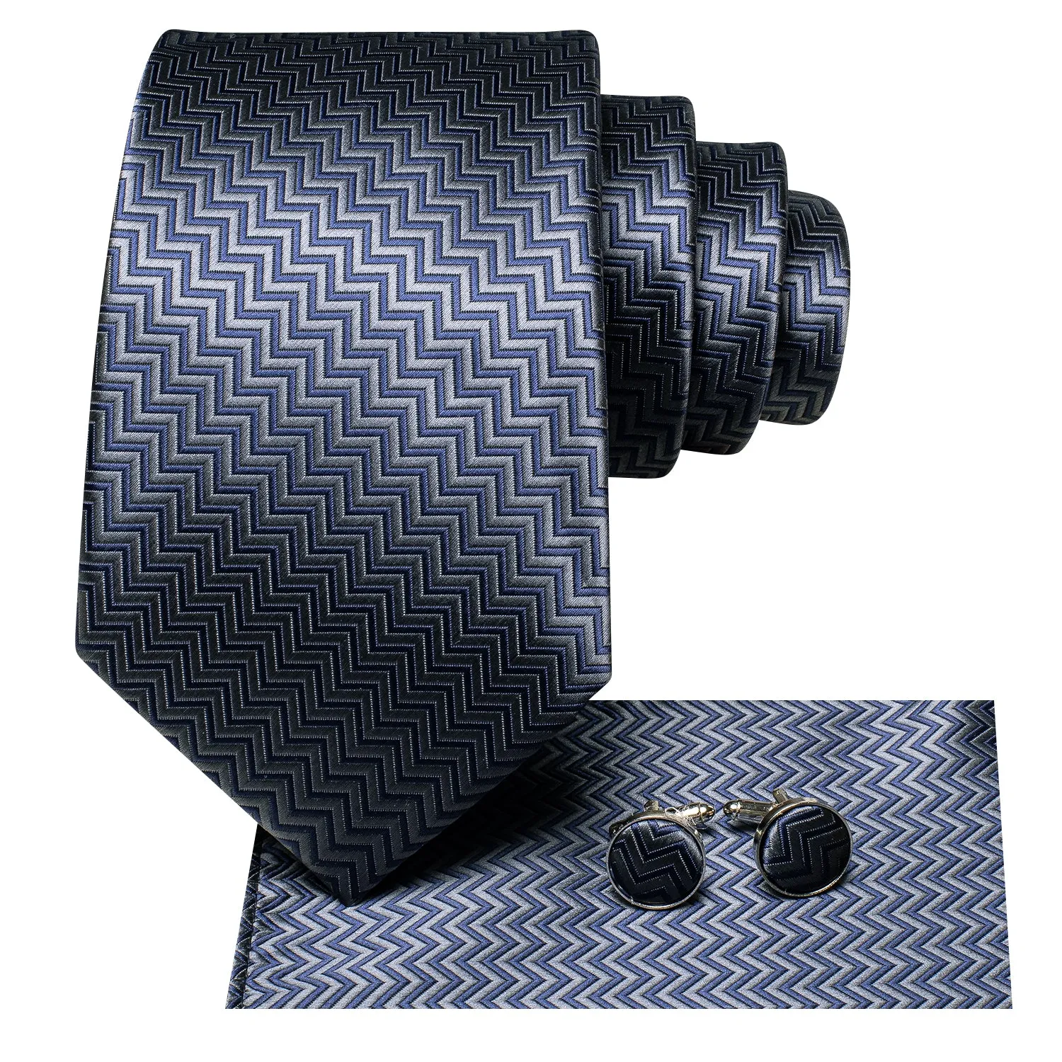 Ties2you Silk Striped Necktie for Men Grey Navy Blue Suit Tie Handkercheif Cufflinks Set sold by Ties2You product image thumbnail 2