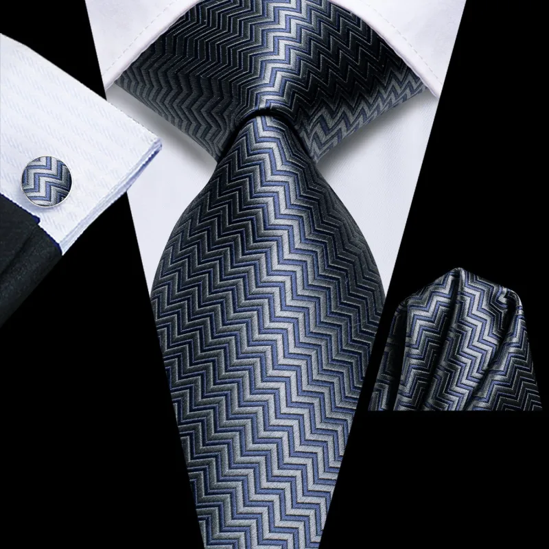 Ties2you Silk Striped Necktie for Men Grey Navy Blue Suit Tie Handkercheif Cufflinks Set sold by Ties2You