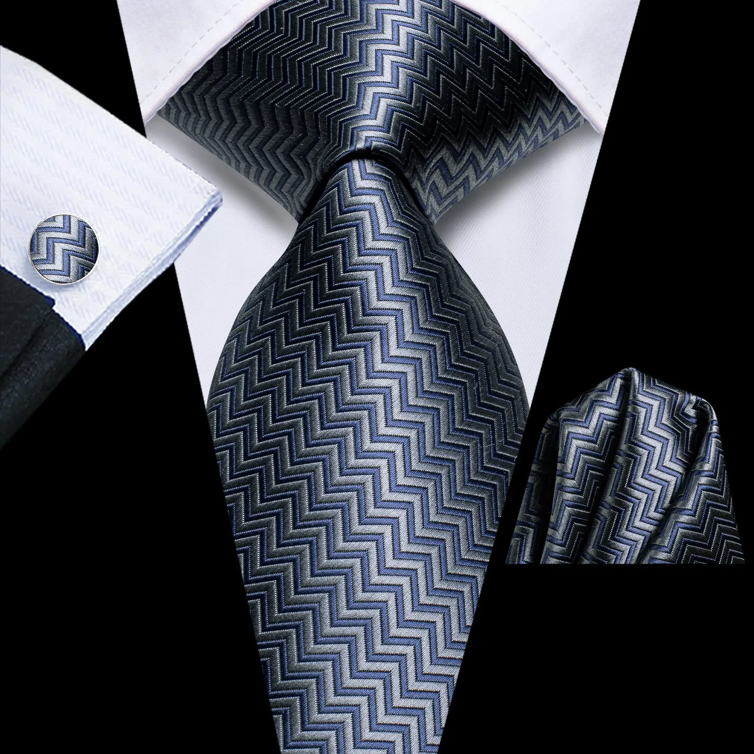 Ties2you Silk Striped Necktie for Men Grey Navy Blue Suit Tie Handkercheif Cufflinks Set sold by Ties2You