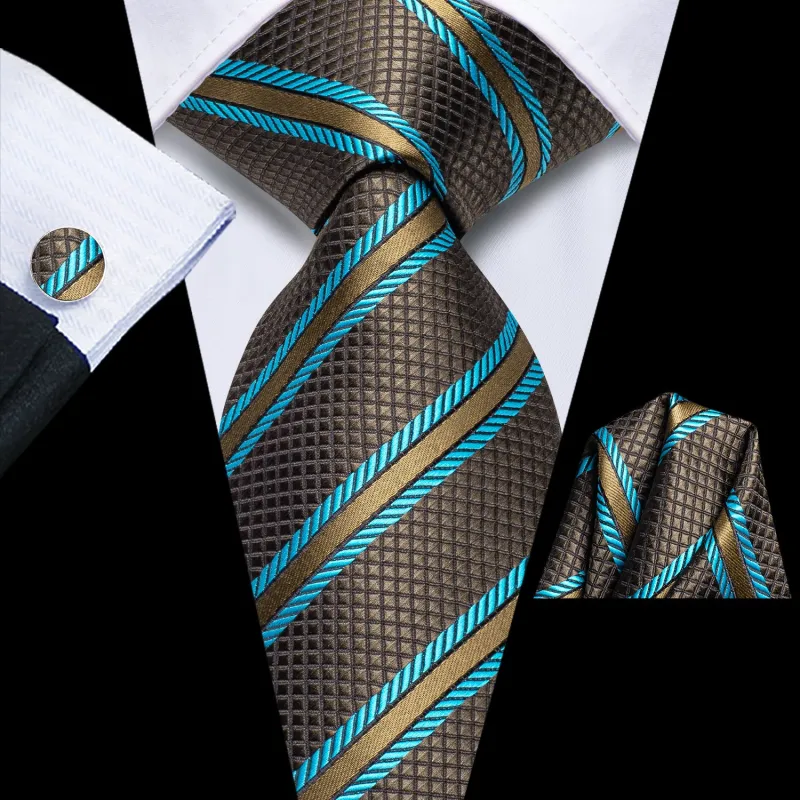 Brown Blue Striped Tie Pocket Square Cufflinks Set sold by Ties2You