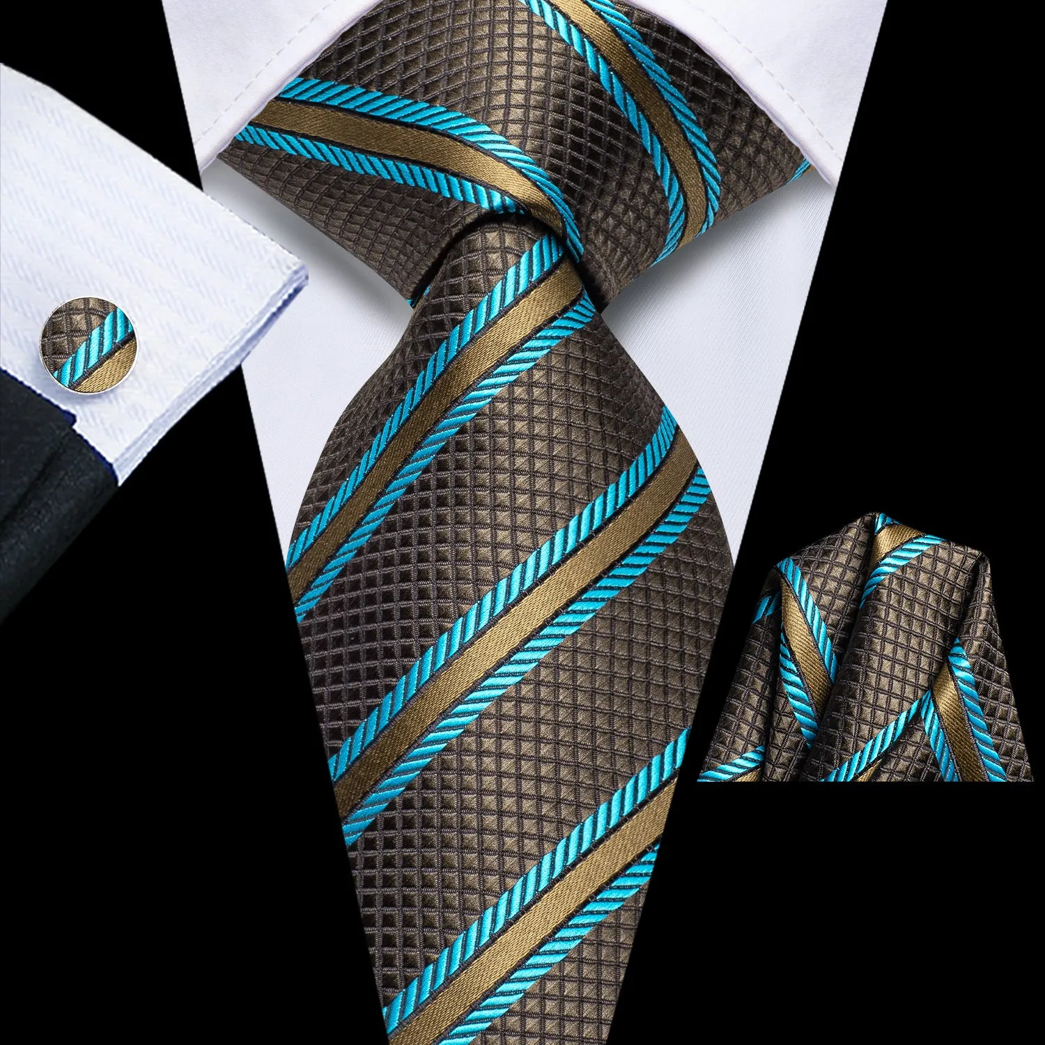 Brown Blue Striped Tie Pocket Square Cufflinks Set sold by Ties2You