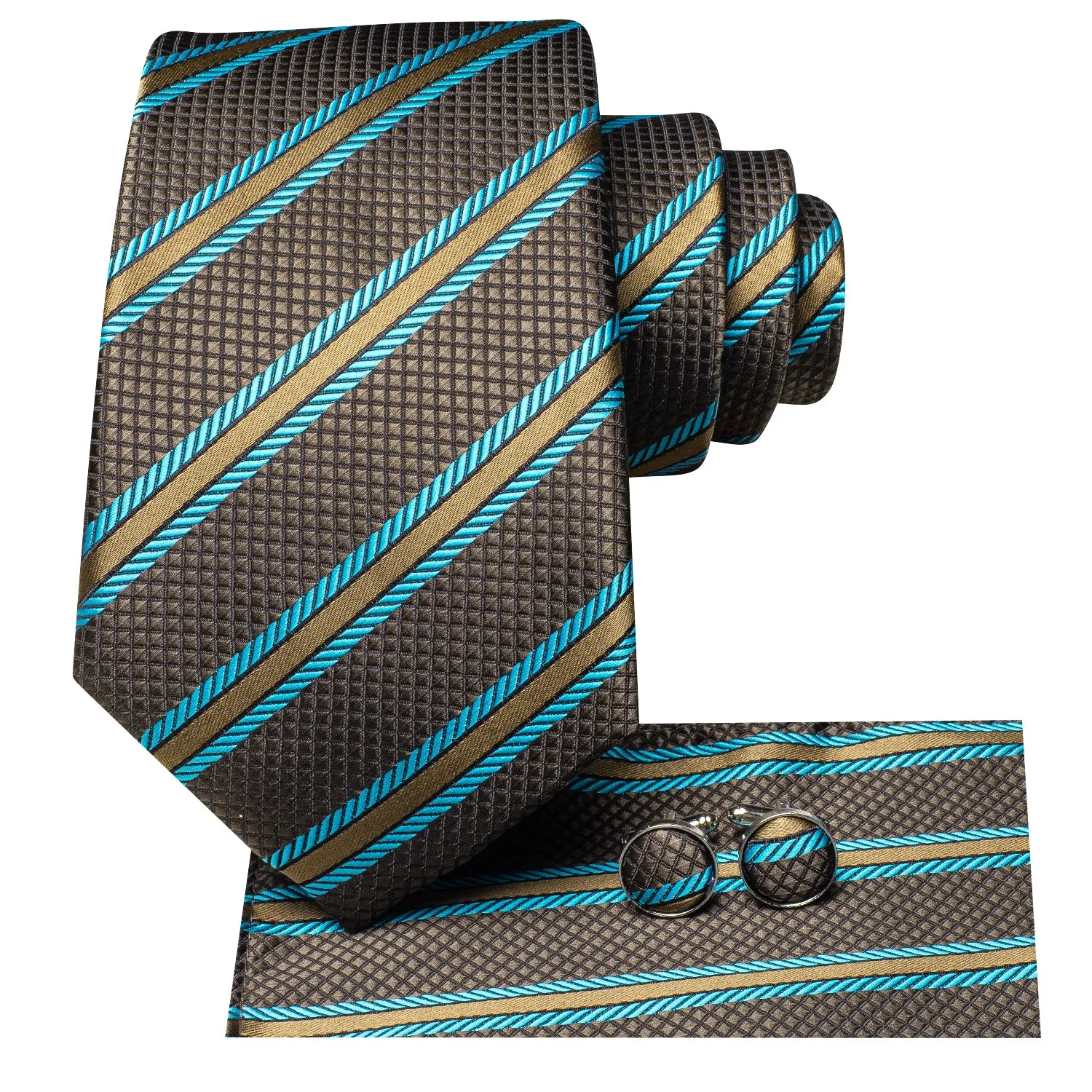 Brown Blue Striped Tie Pocket Square Cufflinks Set sold by Ties2You product image thumbnail 2