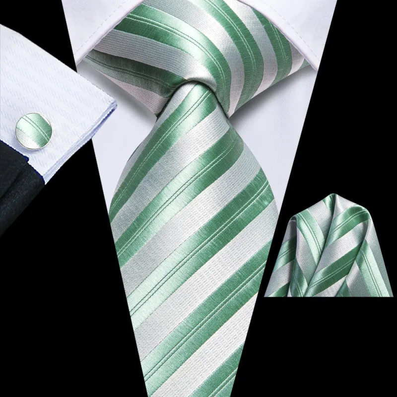 Silver Macron Green Striped Tie Pocket Square Cufflinks Set sold by Ties2You