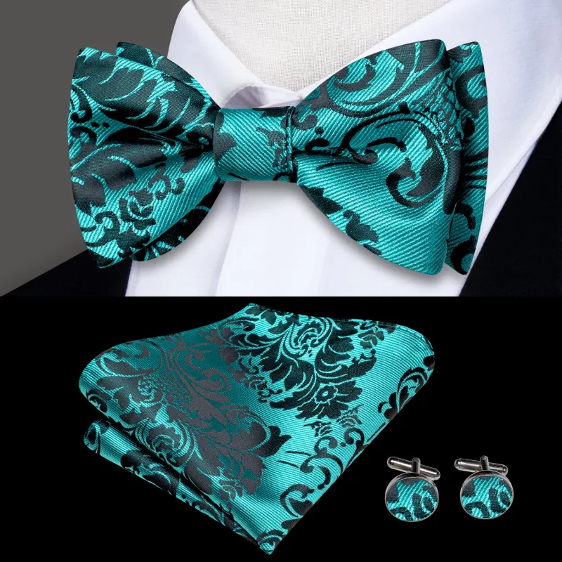 Mint Green Floral Self-tied Bow Tie Pocket Square Cufflinks Set sold by Ties2You