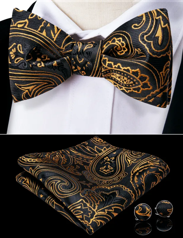 Golden Black Paisley Self-tied Bow Tie Hanky Cufflinks Set sold by Ties2You