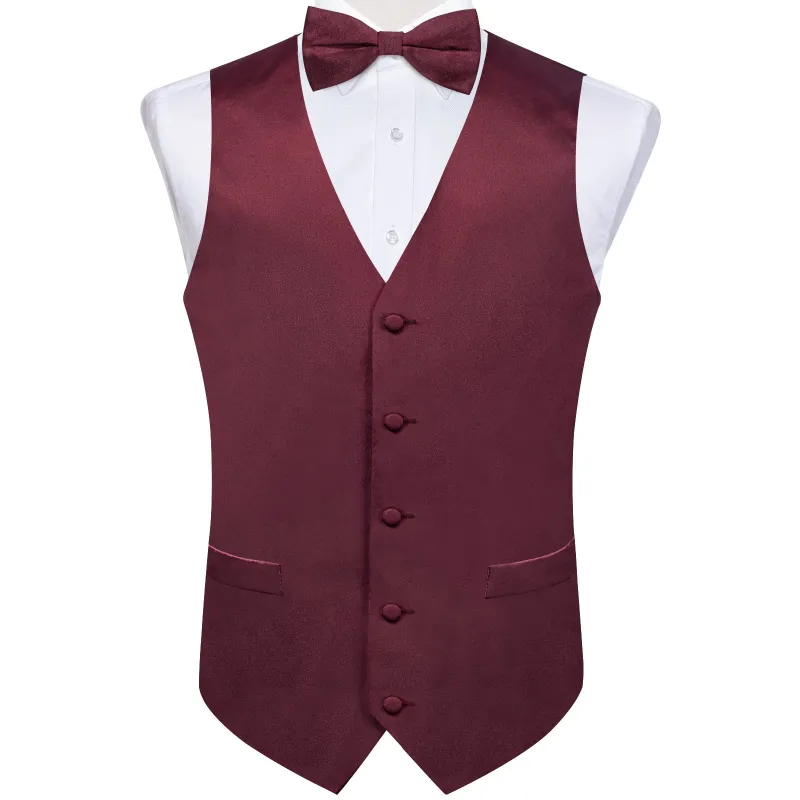 Satin Burgundy Red Solid Men's Vest Bow Tie Set made by Ties2You
