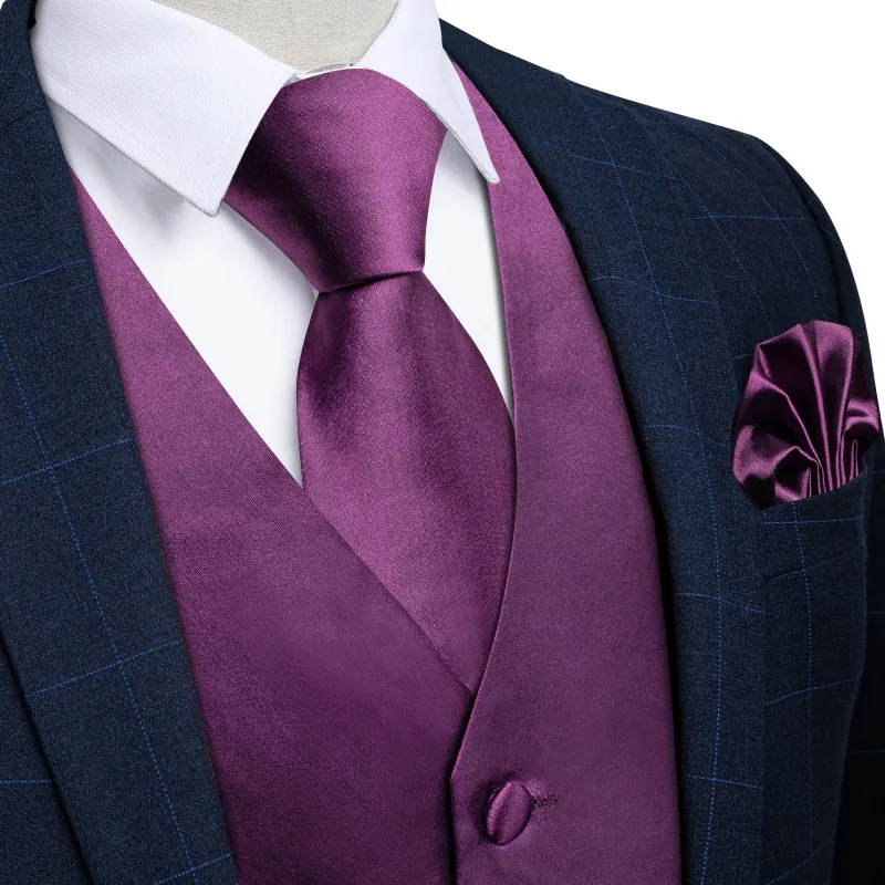 Ties2you Vest for Men Satin Dark Purple Solid Vest Tie Hanky Cufflinks Set sold by Ties2You