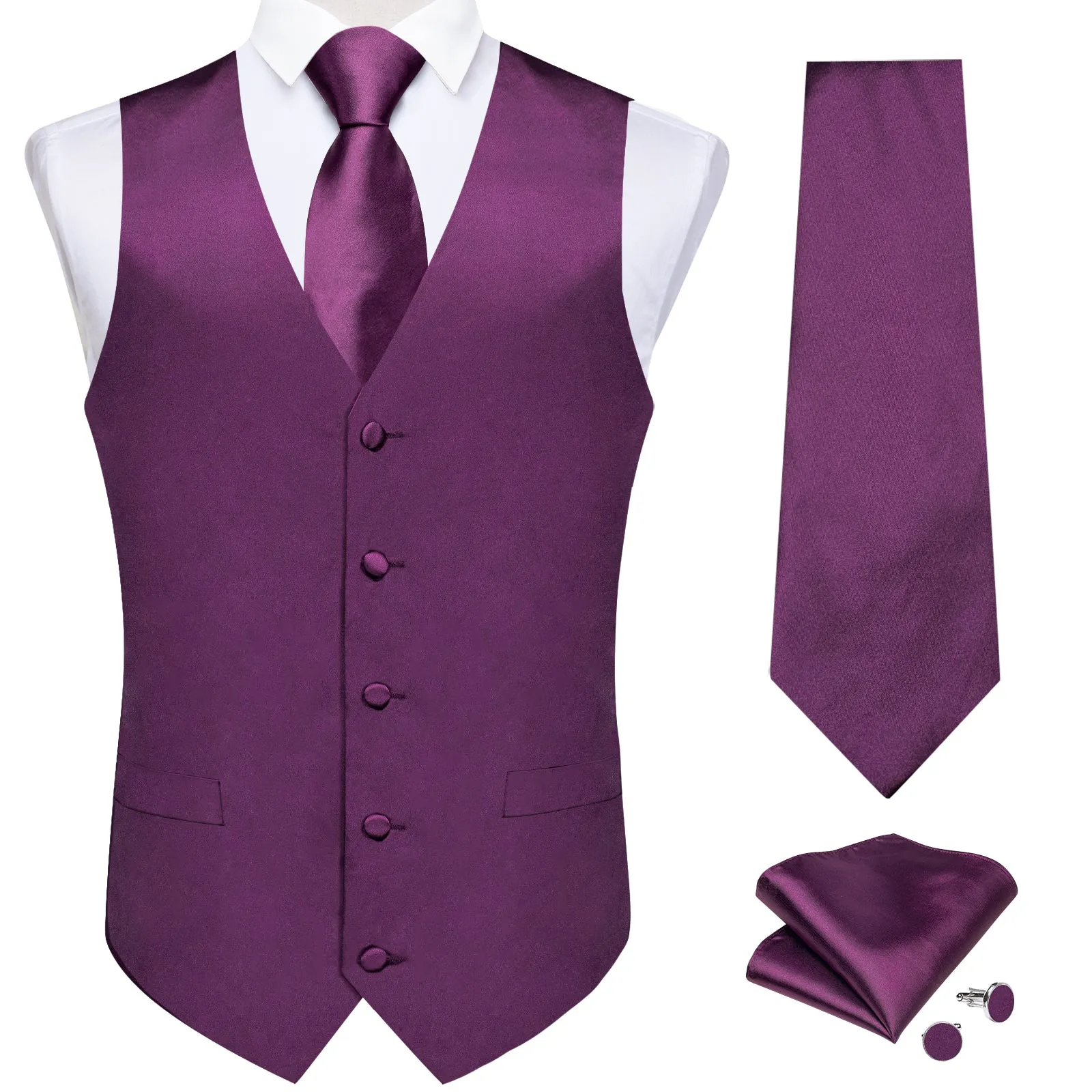 Ties2you Vest for Men Satin Dark Purple Solid Vest Tie Hanky Cufflinks Set sold by Ties2You product image thumbnail 2