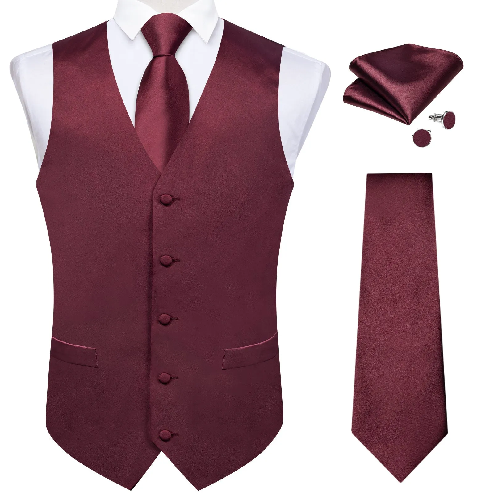 Ties2you Wine V-Neck Tuxedo Waistcoat Mens Slim Fit Suit Vest Tie Hanky Cufflinks Set sold by Ties2You product image thumbnail 3