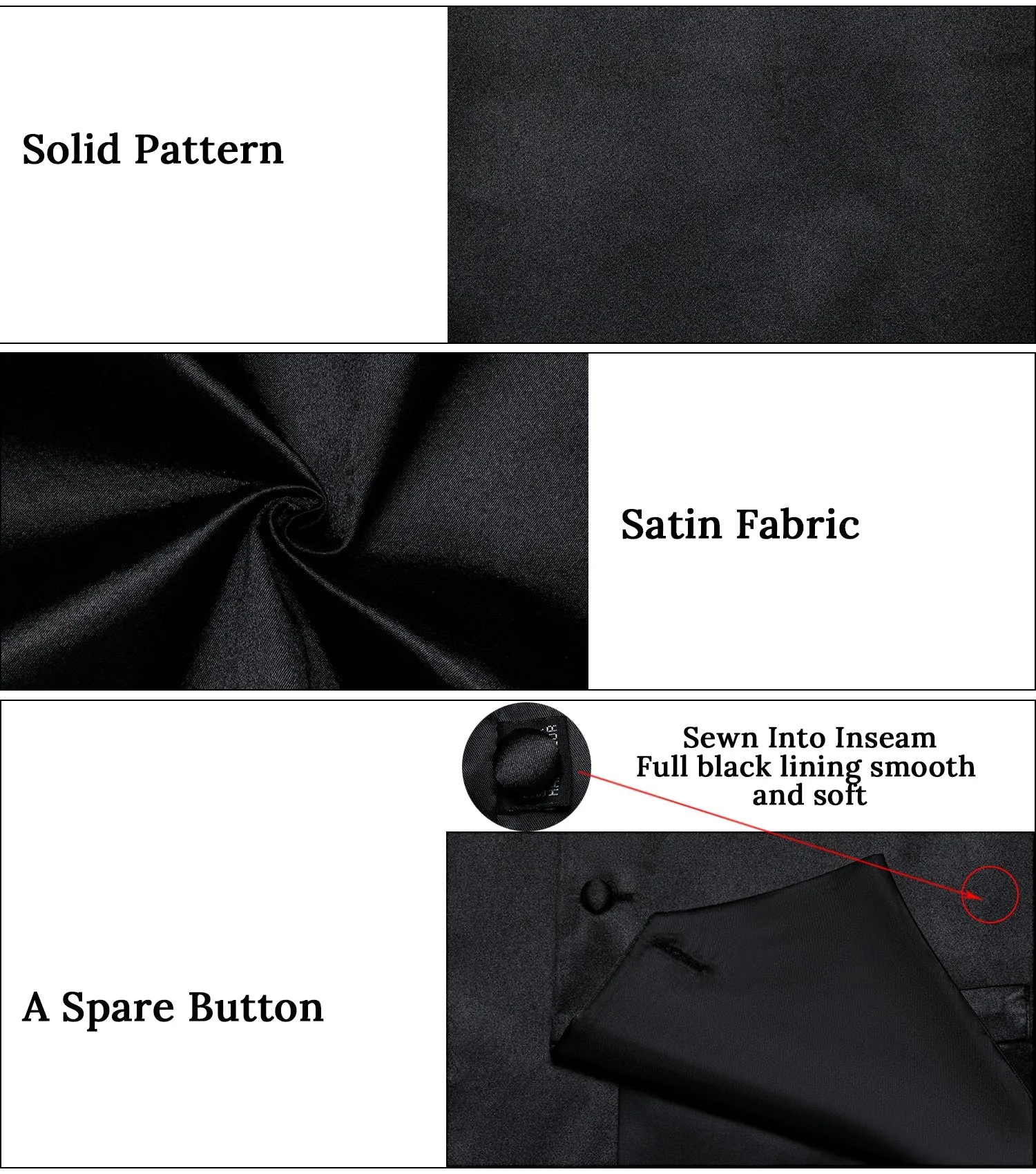 Classic Black Solid Satin Men's Vest Tie Set sold by Ties2You product image thumbnail 5