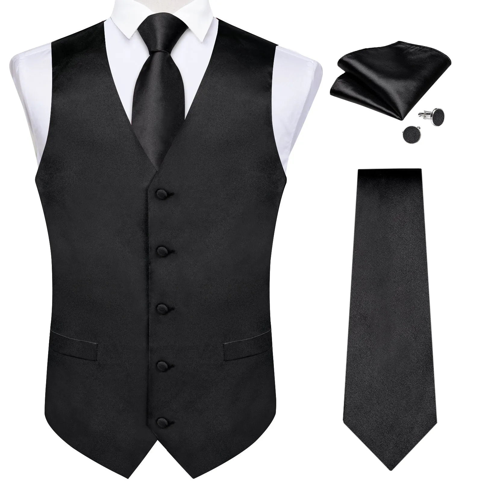 Classic Black Solid Satin Men's Vest Tie Set sold by Ties2You product image thumbnail 4