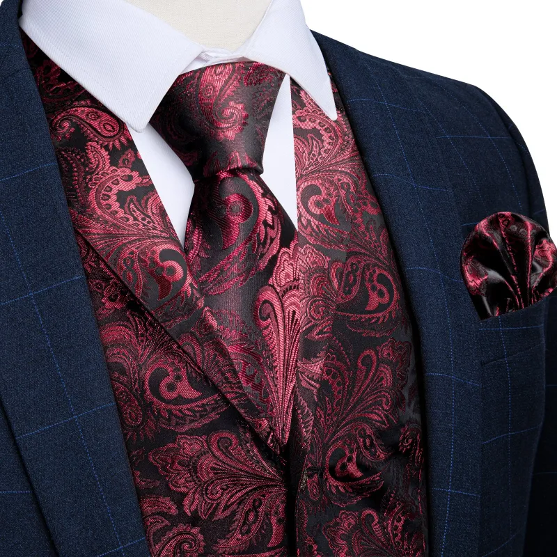 Burgundy Red Paisley Men's Collar Vest Tie Hanky Cufflinks Set Waistcoat Suit Set sold by Ties2You