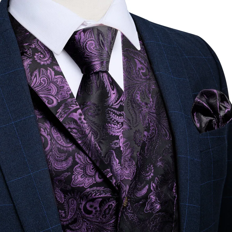 Dark Purple Paisley Men's Collar Vest Tie Hanky Cufflinks Set Waistcoat Suit Set made by Ties2You