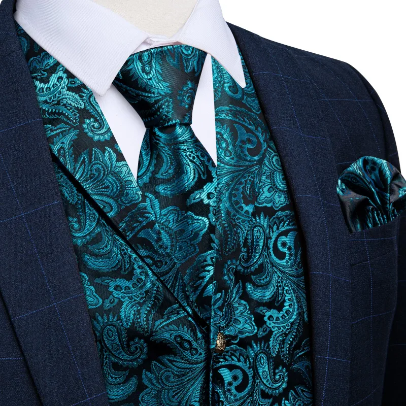 Lake Blue Paisley Men's Collar Vest Tie Hanky Cufflinks Set Waistcoat Suit Set sold by Ties2You