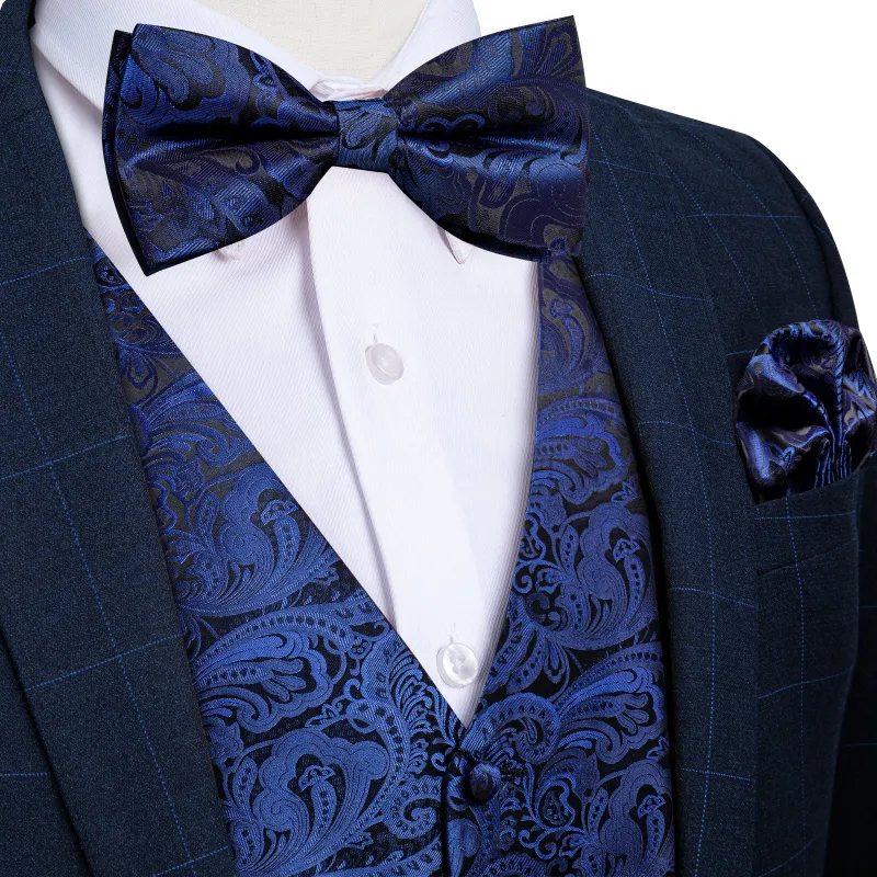 Blue Black Paisley Jacquard Silk Men's Vest Bow Tie Handkerchief Cufflinks Set sold by Ties2You