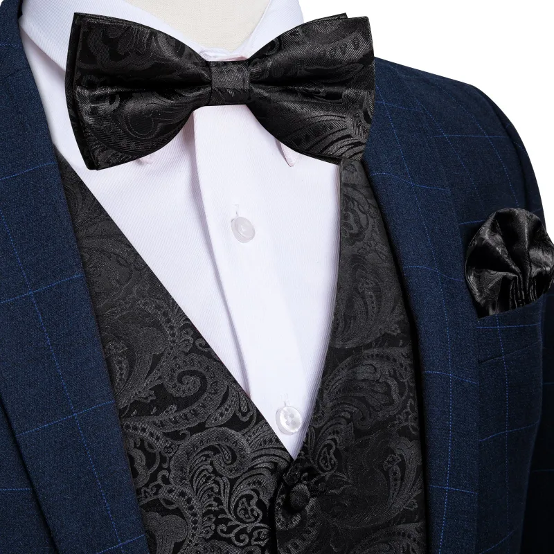 Black Paisley Jacquard Silk Men's Vest Bow Tie Handkerchief Cufflinks Set sold by Ties2You