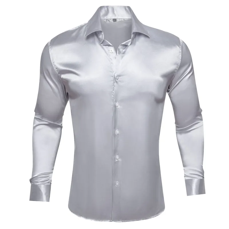 Silver Grey Solid Silk Men's Long Sleeve Shirt sold by Ties2You