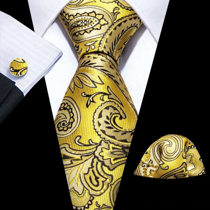 Yellow Black Paisley Silk Men's Necktie Pocket Square Cufflinks Set sold by Ties2You