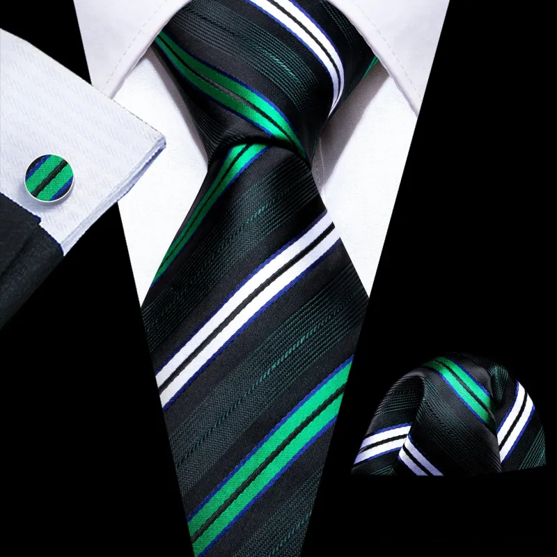 Black Green Striped Silk Men's Necktie Pocket Square Cufflinks Set sold by Ties2You