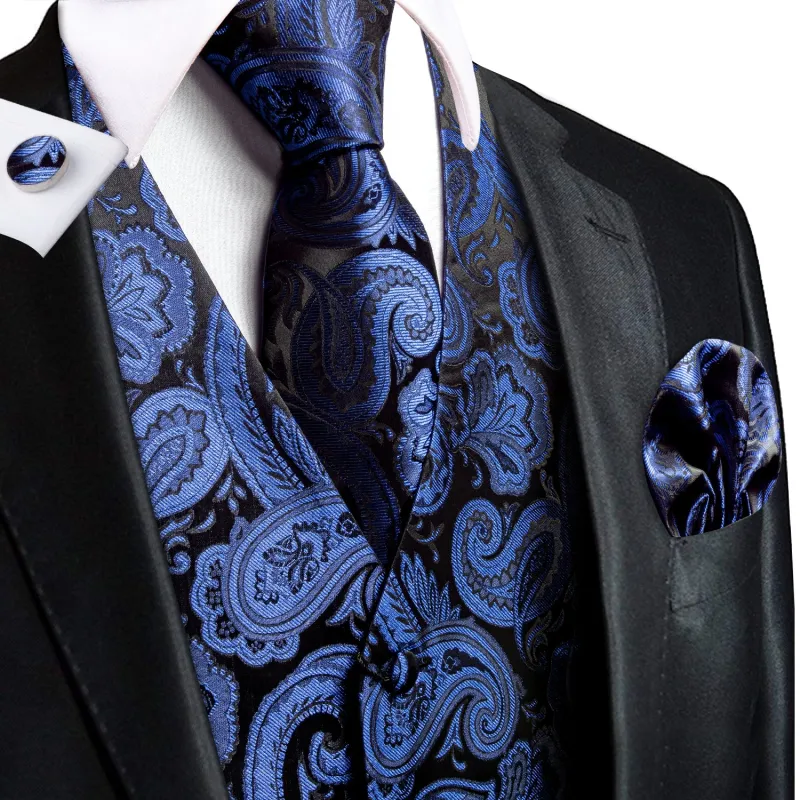 Black Blue Paisley Jacquard Silk Men's Vest Hanky Cufflinks Tie Set sold by Ties2You