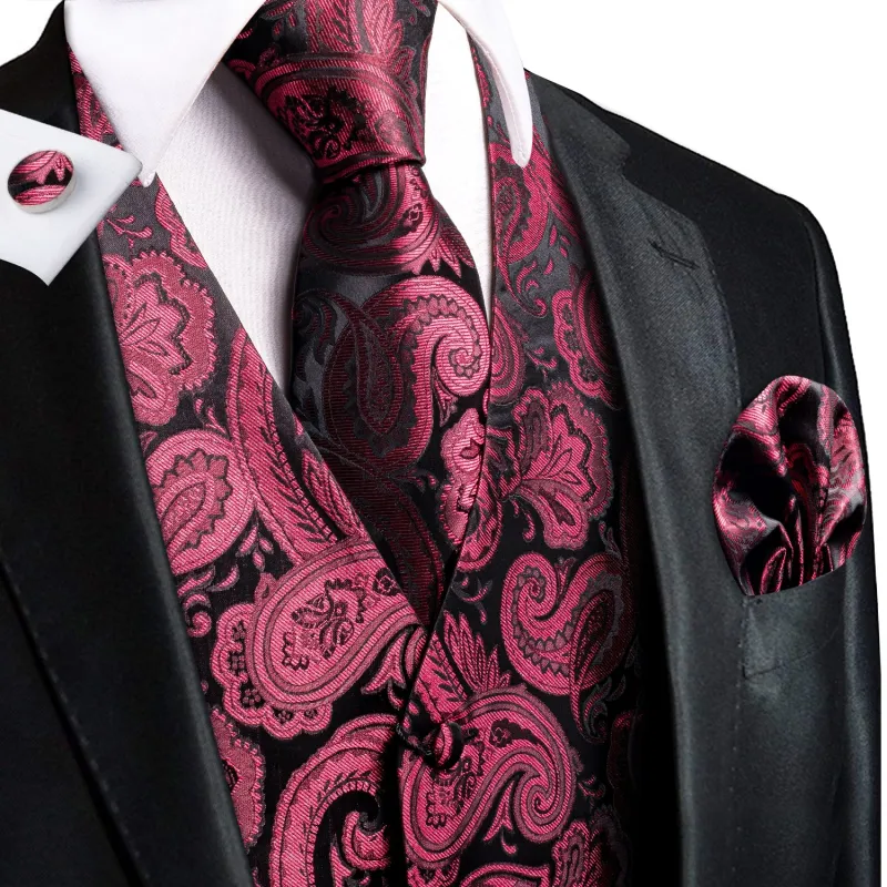 Dark Red Paisley Jacquard Silk Men's Vest Hanky Cufflinks Tie Set sold by Ties2You