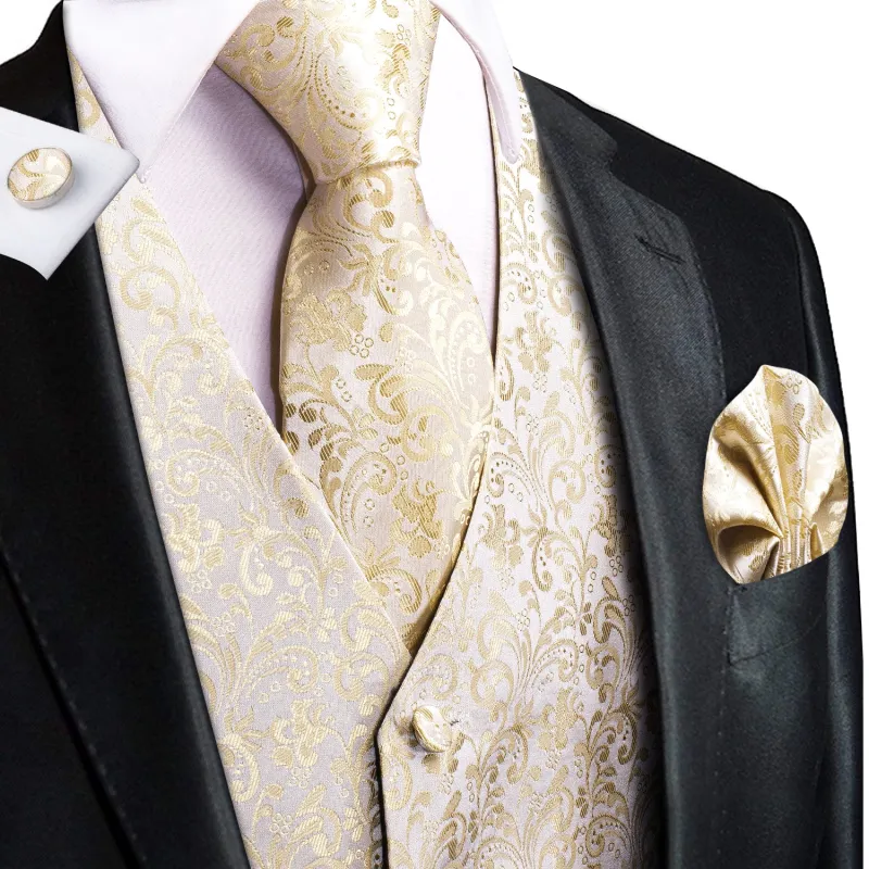 Champagne Beige Floral Jacquard Silk Men's Vest Hanky Cufflinks Tie Set sold by Ties2You