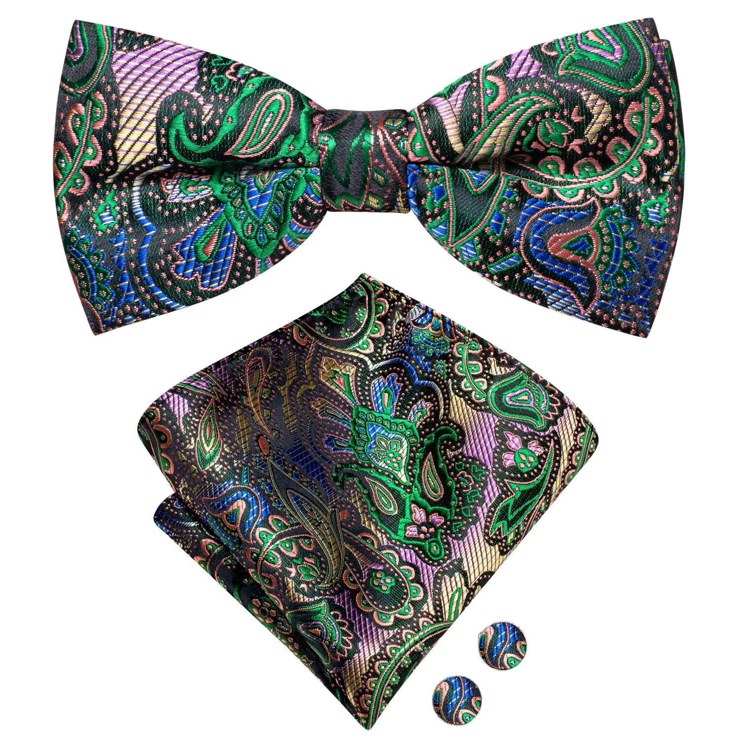 Gradient Green Pink Paisley Men's Pre-tied Bowtie Pocket Square Cufflinks Set sold by Ties2You product image thumbnail 2