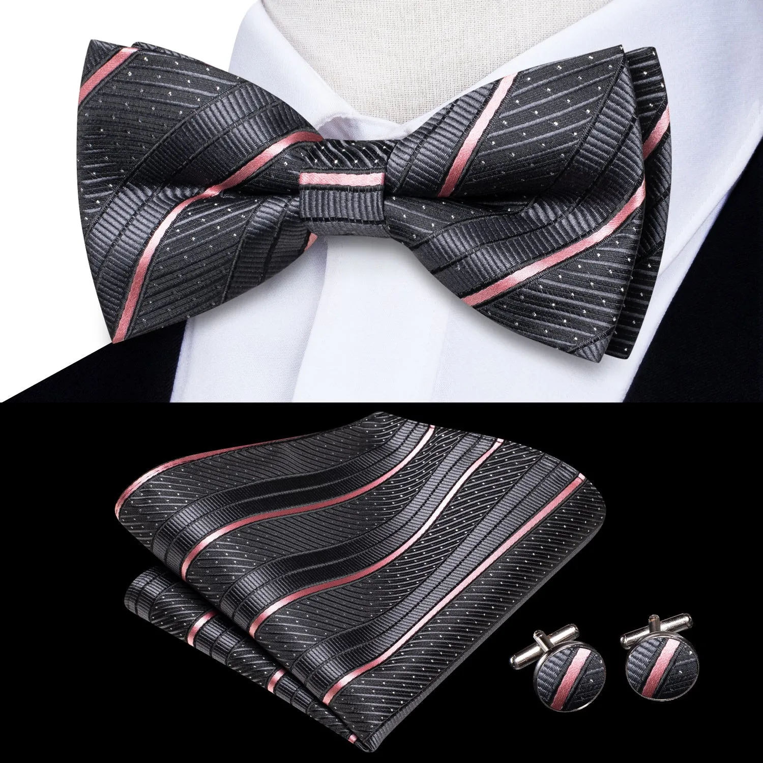 Dark Grey Striped Men's Pre-tied Bowtie Pocket Square Cufflinks Set sold by Ties2You product image thumbnail 2