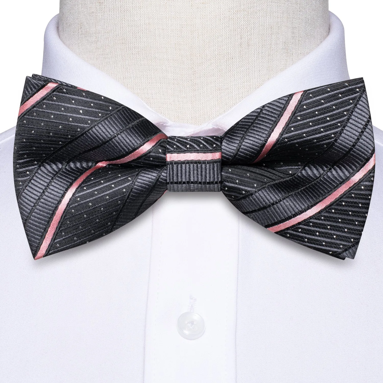 Dark Grey Striped Men's Pre-tied Bowtie Pocket Square Cufflinks Set sold by Ties2You product image thumbnail 5