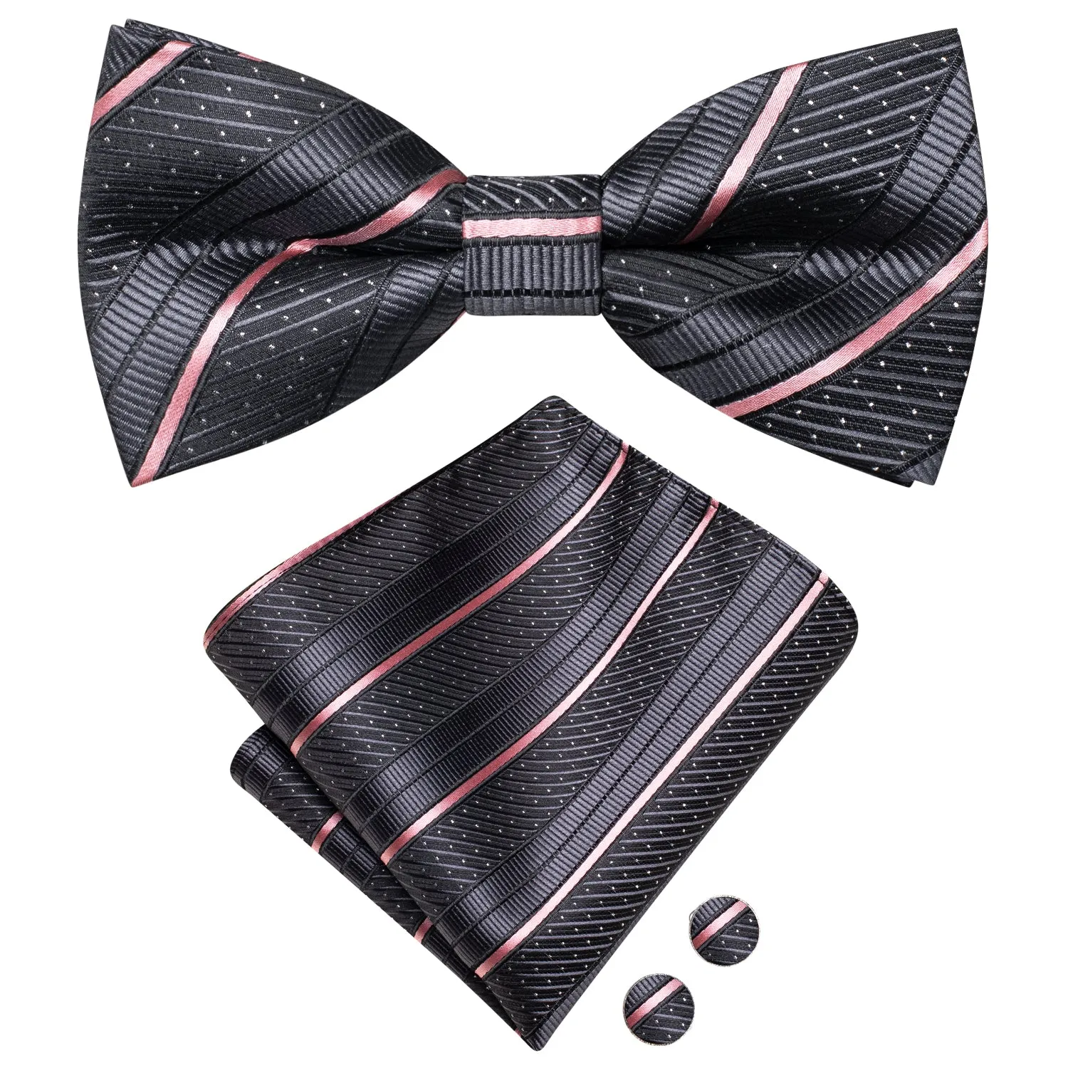 Dark Grey Striped Men's Pre-tied Bowtie Pocket Square Cufflinks Set sold by Ties2You product image thumbnail 3