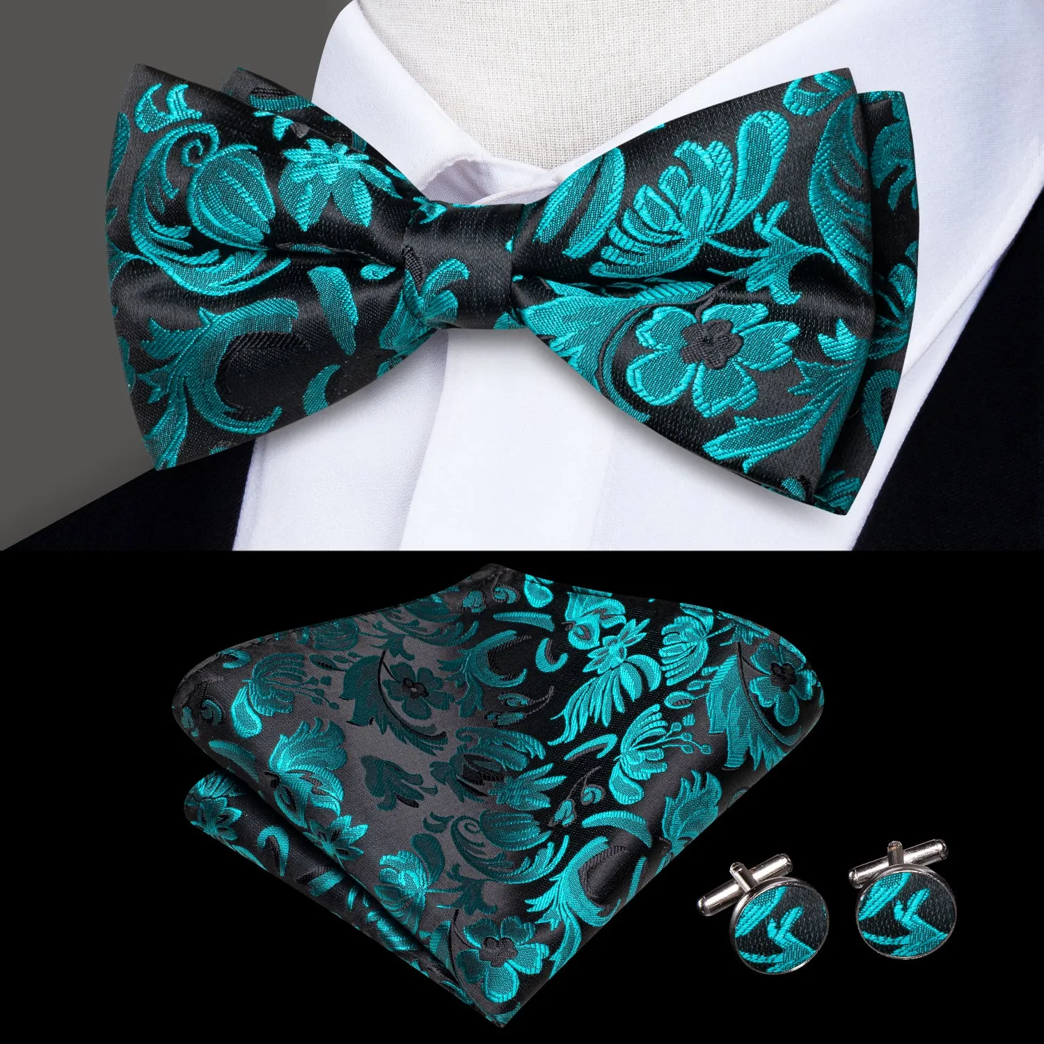 Black Lake Blue Floral Men's Pre-tied Bowtie Pocket Square Cufflinks Set sold by Ties2You
