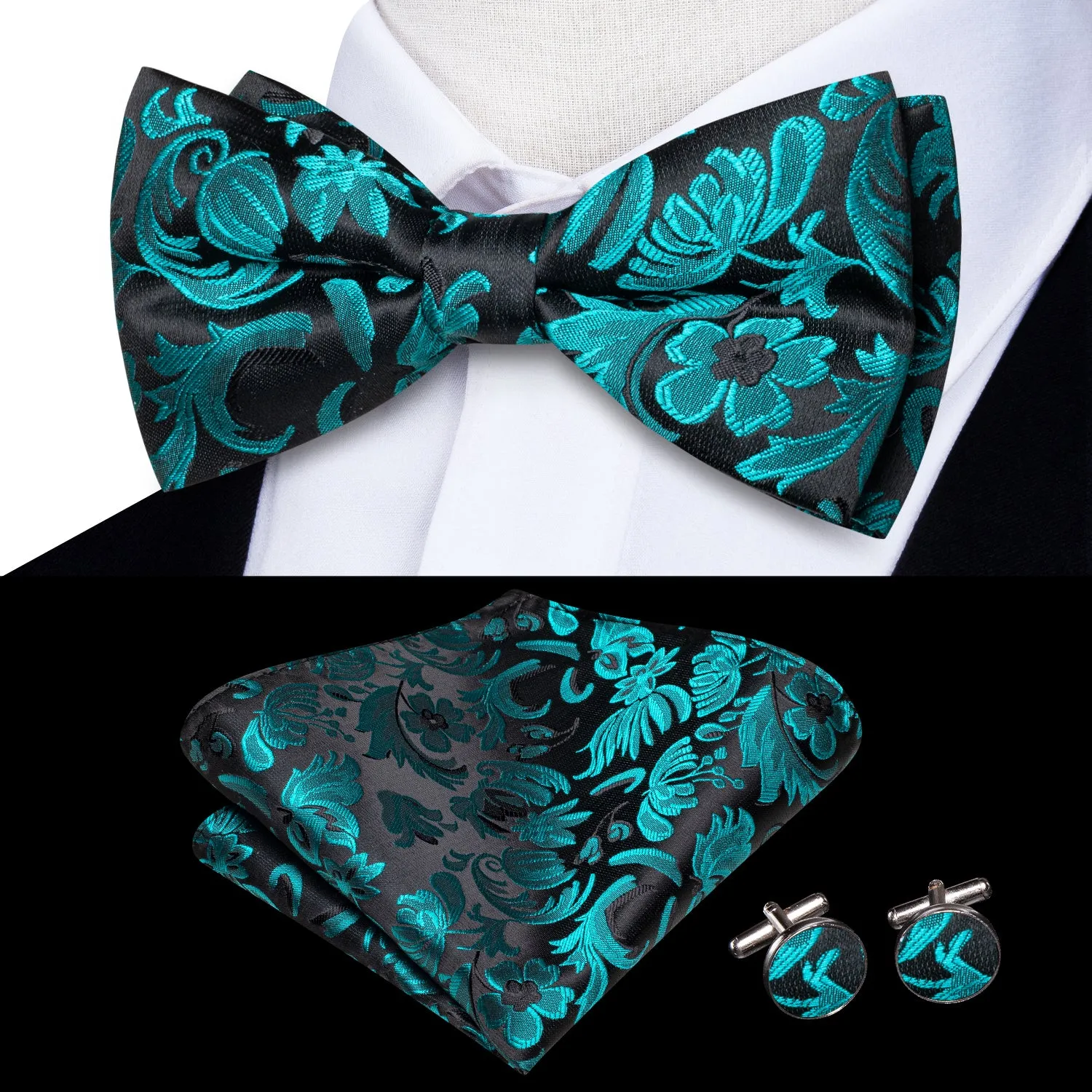 Black Lake Blue Floral Men's Pre-tied Bowtie Pocket Square Cufflinks Set sold by Ties2You product image thumbnail 3