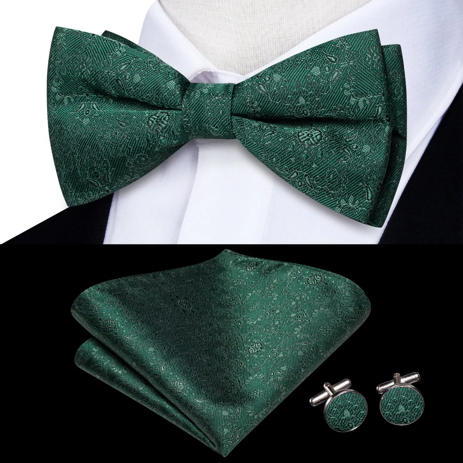 Dark Green Floral Men's Pre-tied Bowtie Pocket Square Cufflinks Set sold by Ties2You product image thumbnail 2