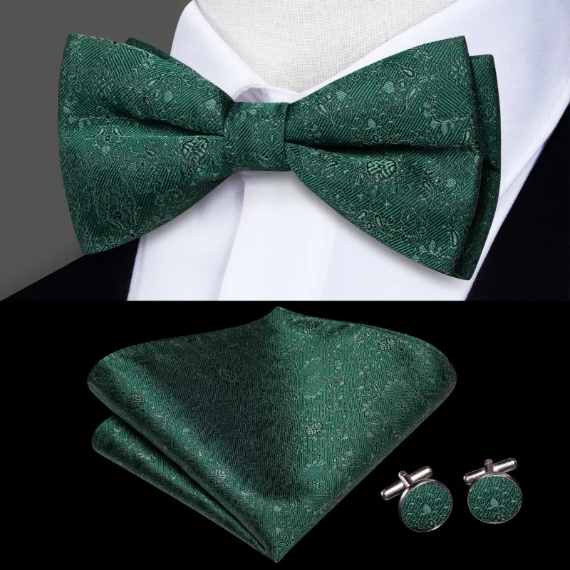 Dark Green Floral Men's Pre-tied Bowtie Pocket Square Cufflinks Set made by Ties2You