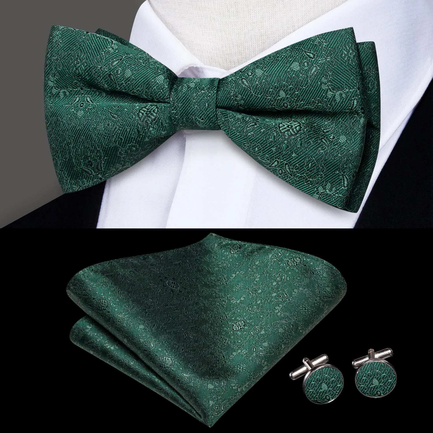 Dark Green Floral Men's Pre-tied Bowtie Pocket Square Cufflinks Set sold by Ties2You