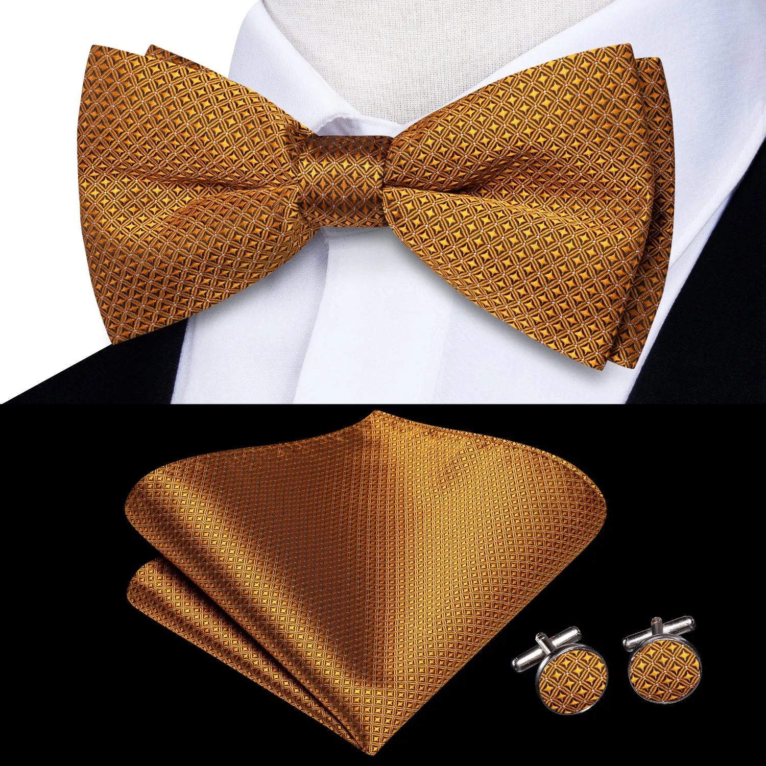 Golden Plaid Men's Pre-tied Bowtie Pocket Square Cufflinks Set sold by Ties2You product image thumbnail 2