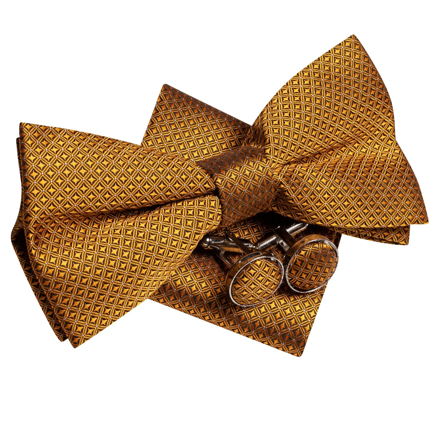 Golden Plaid Men's Pre-tied Bowtie Pocket Square Cufflinks Set sold by Ties2You product image thumbnail 3
