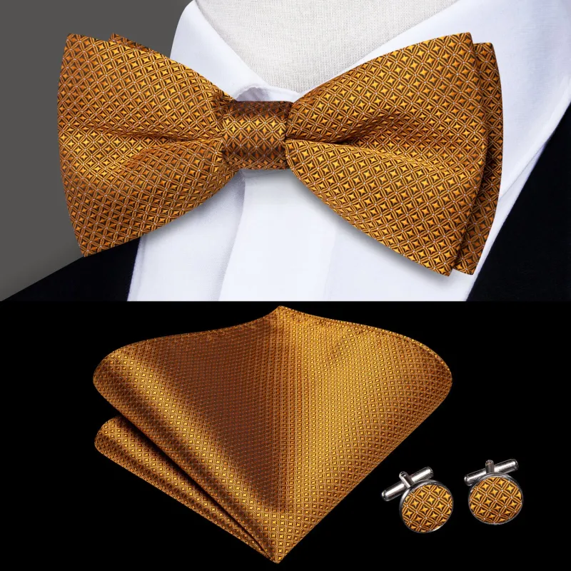 Golden Plaid Men's Pre-tied Bowtie Pocket Square Cufflinks Set made by Ties2You