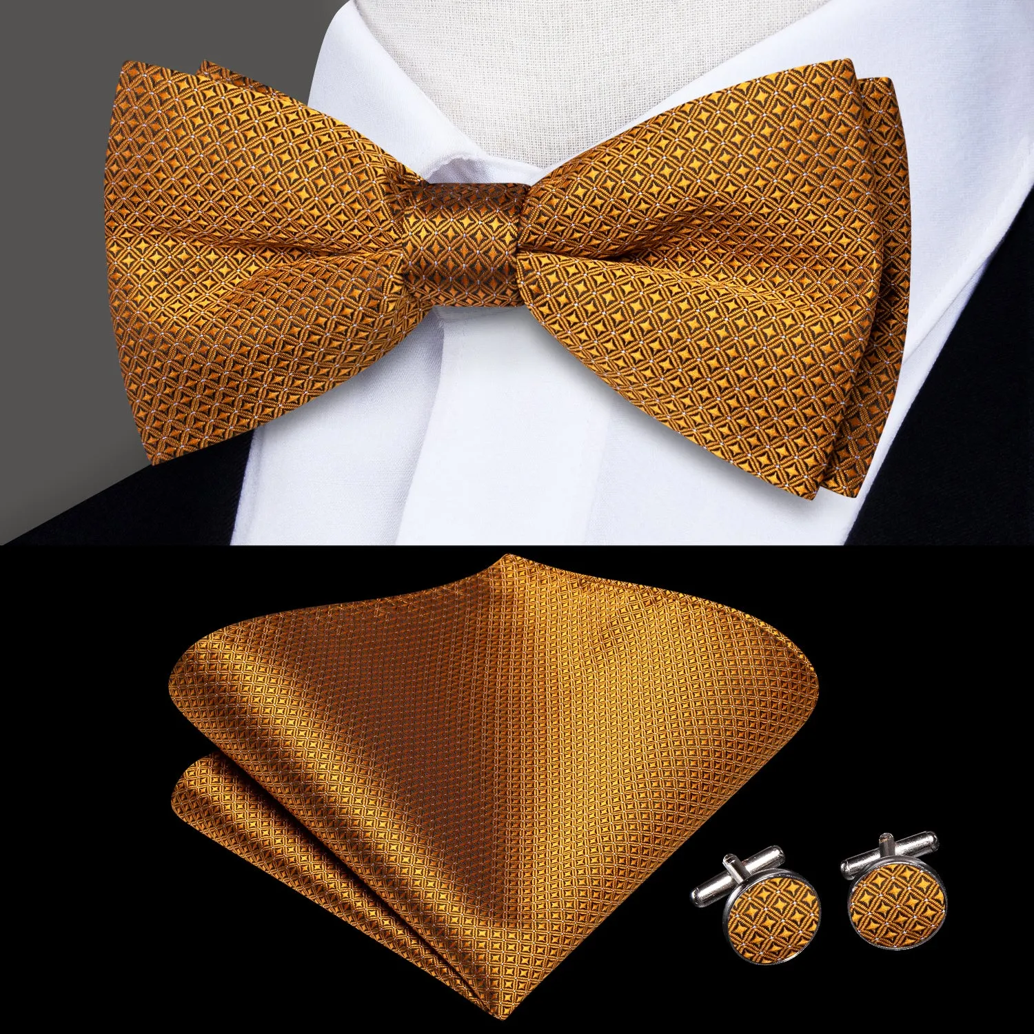 Golden Plaid Men's Pre-tied Bowtie Pocket Square Cufflinks Set sold by Ties2You
