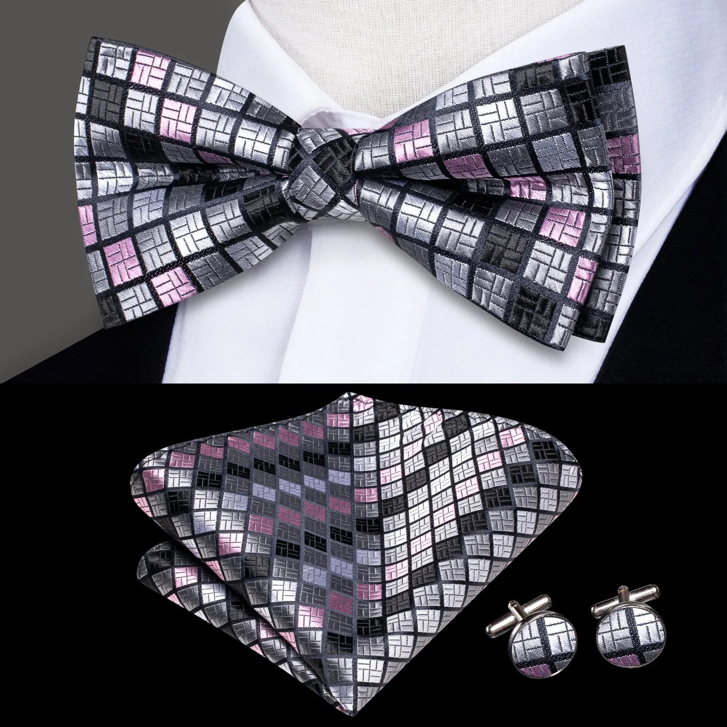 Silver Grey Pink Plaid Men's Pre-tied Bowtie Pocket Square Cufflinks Set sold by Ties2You
