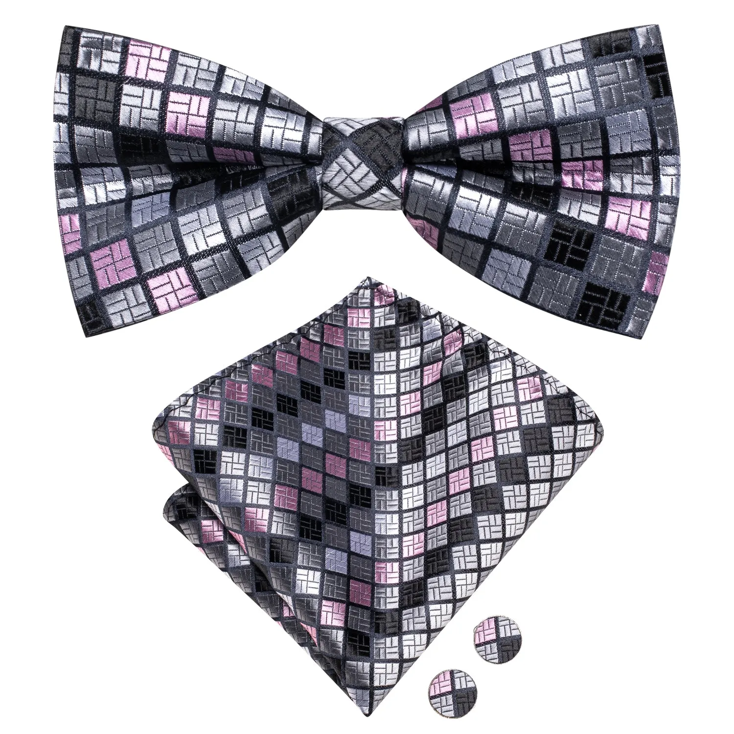 Silver Grey Pink Plaid Men's Pre-tied Bowtie Pocket Square Cufflinks Set sold by Ties2You product image thumbnail 3
